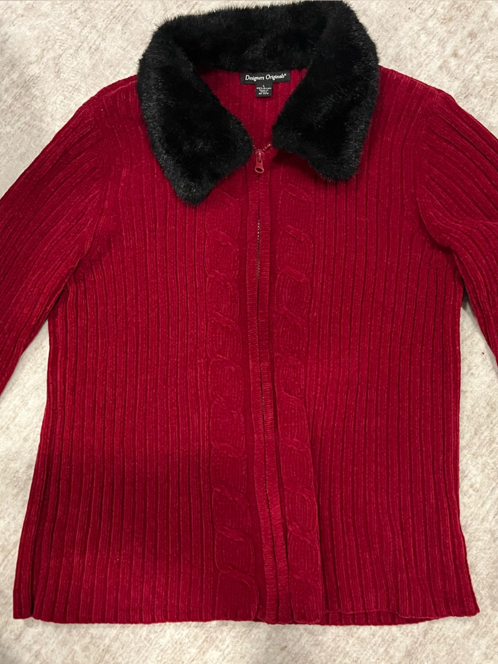 Designers Originals Red Ribbed Zip Cardigan with Black Faux Fur Collar